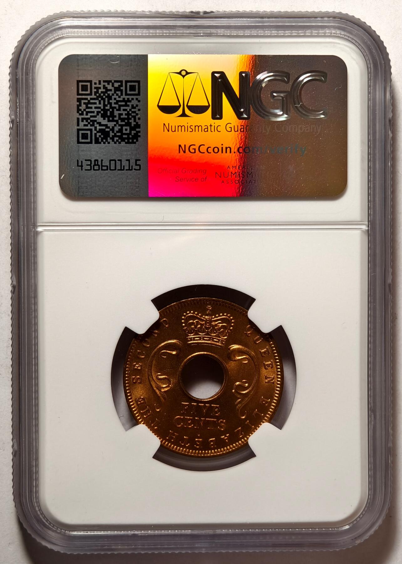 紫瑗钱币——第462期 英属东非 1956年 H版 伊丽莎白二世 5分 红铜币 NGC MS65 RD