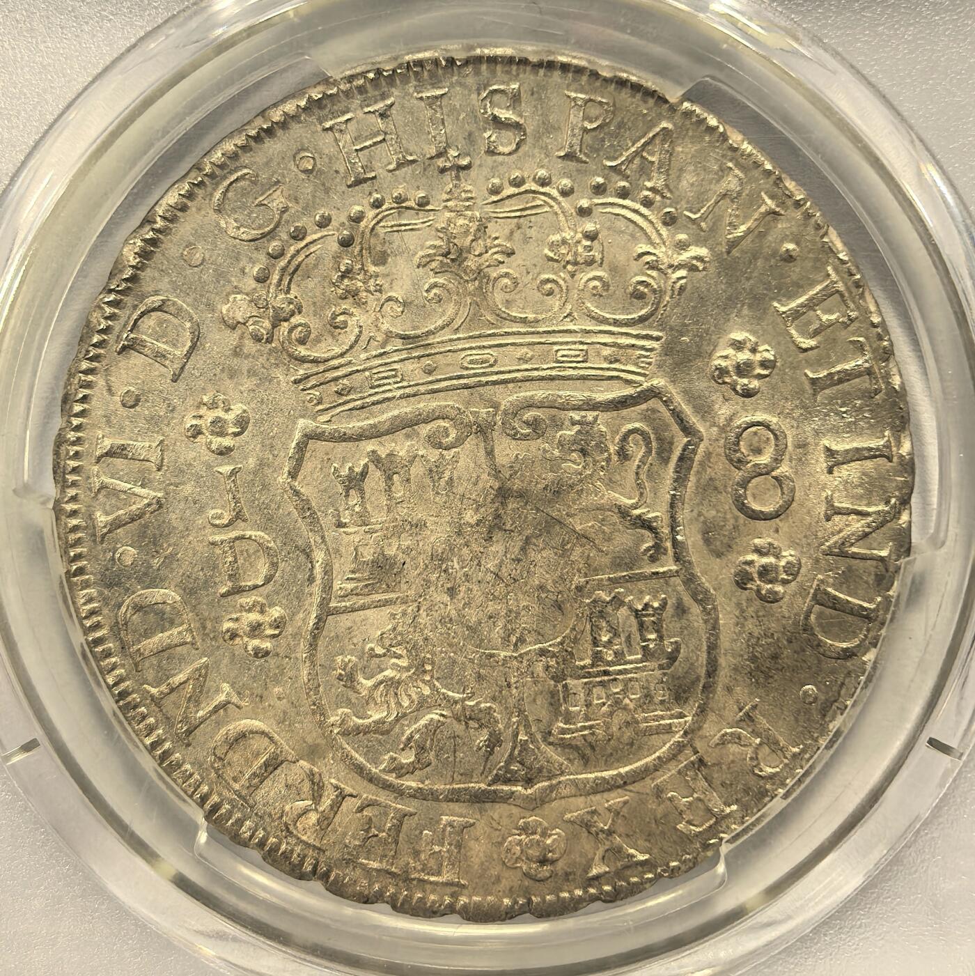 博洋堂“瑰宝之夜”第100期盛典专场（全场顺丰包邮） PCGS MS62 西属秘鲁1754年LM JD斐迪南六世地球双柱大银，远比同年墨西哥地球要少，底板略带镜面效果，顶级藏家一步到位