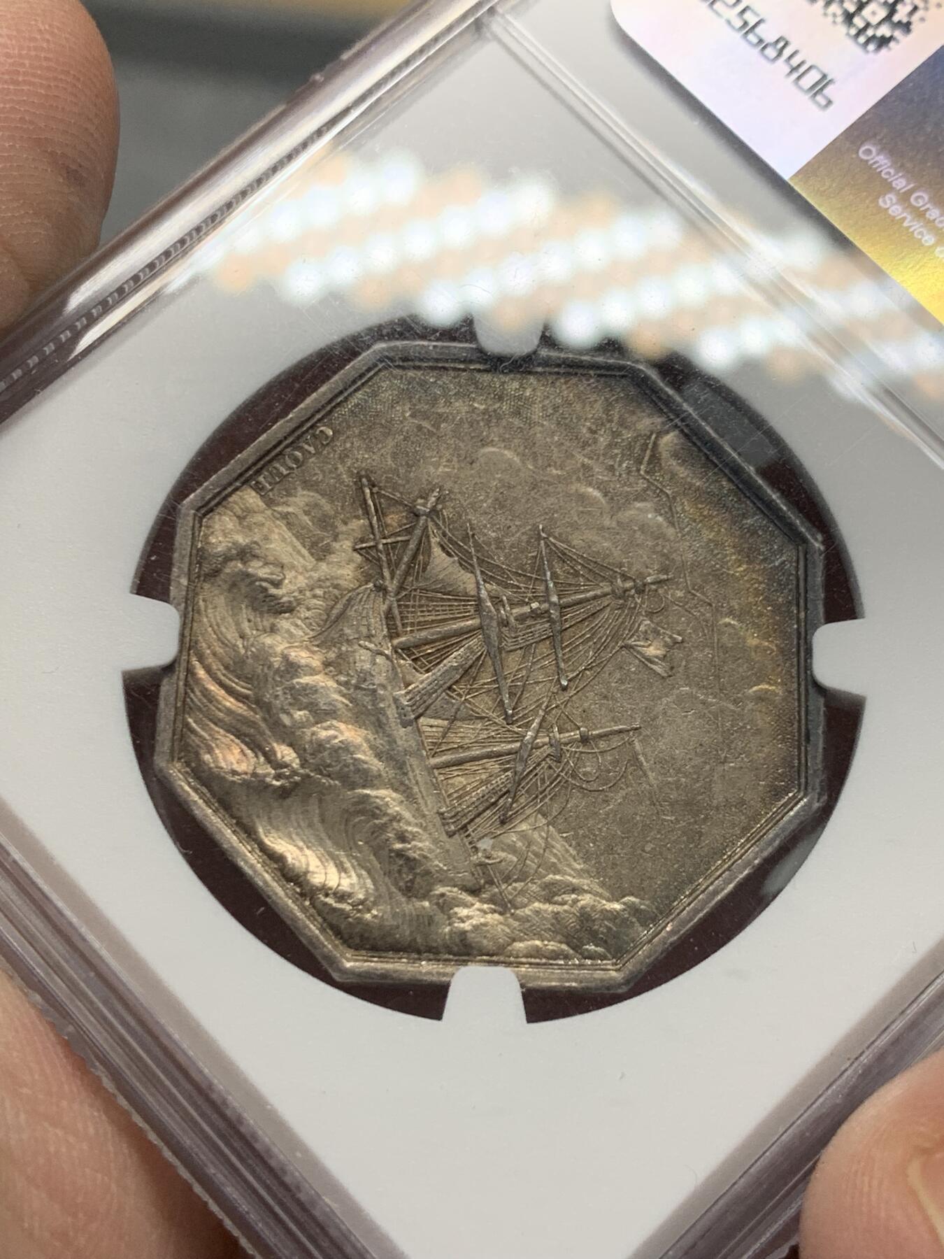 《竞宝斋》第330场 周日，周一，周二 3场连拍 （全场包邮） NGC-MS62 法国海上保险公司八角银质代币，早期神灯时期少见ms级别海妖