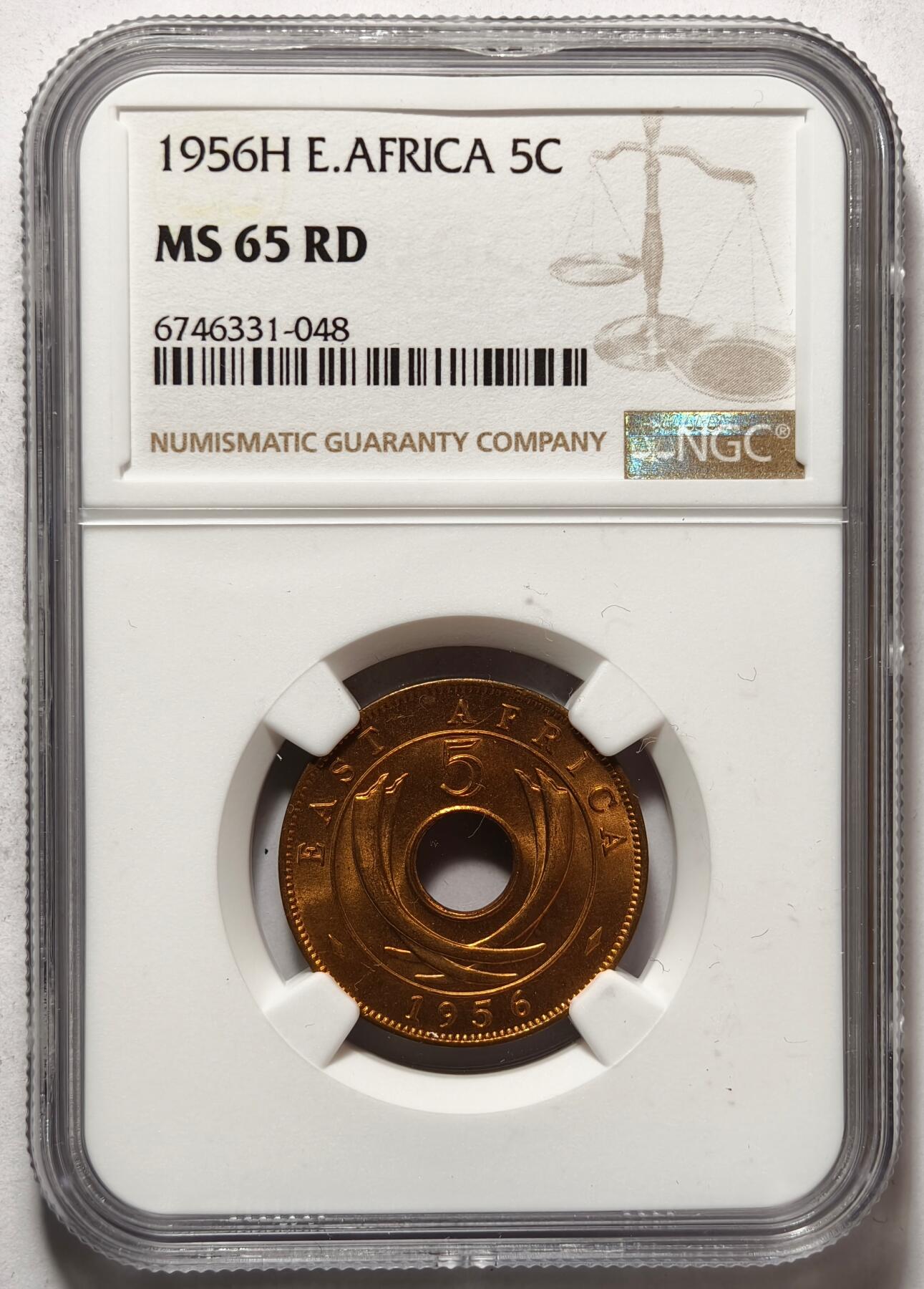 紫瑗钱币——第462期 英属东非 1956年 H版 伊丽莎白二世 5分 红铜币 NGC MS65 RD
