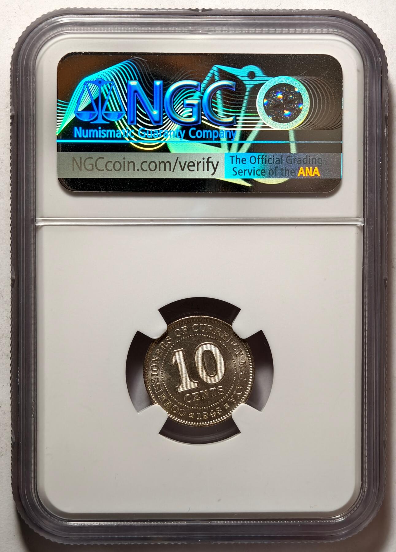 紫瑗钱币——第462期 马来亚 1943年 乔治六世 10分 银币 NGC MS64