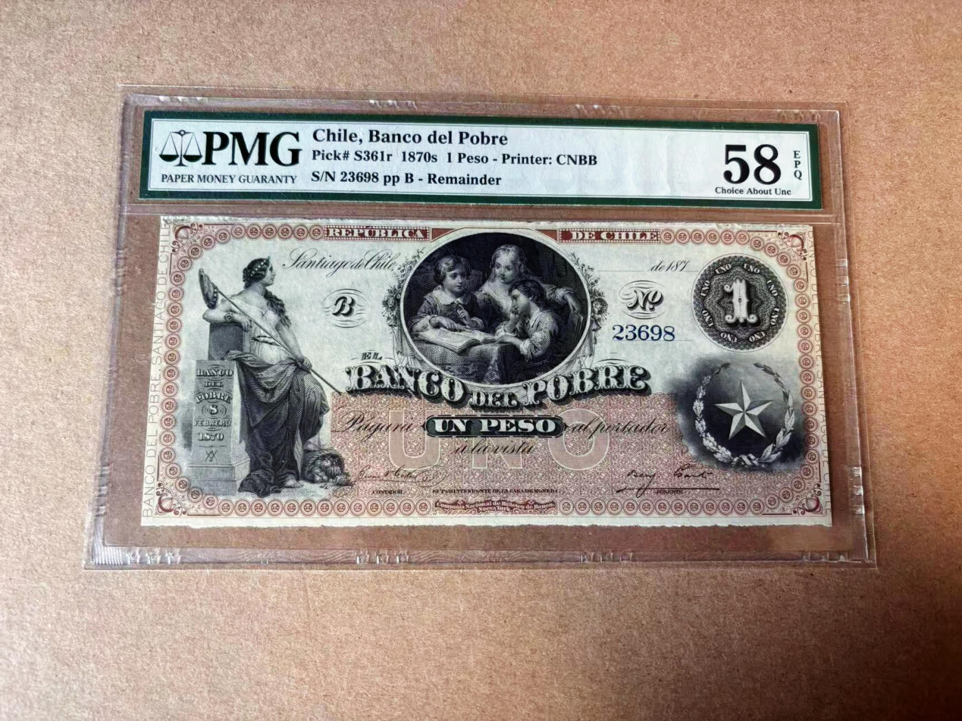 【Blue Auction】✨世界纸币精拍第582期【精】 智利 1870年代1比索 PMG58EPQ 绿背 正面雕刻精美 