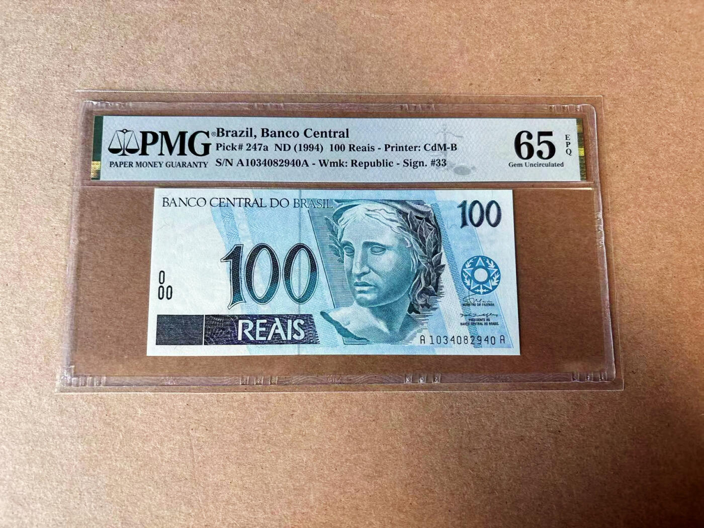 【Blue Auction】✨世界纸币精拍第582期【精】 【AA】巴西 1994年100瑞斯 PMG65EPQ 