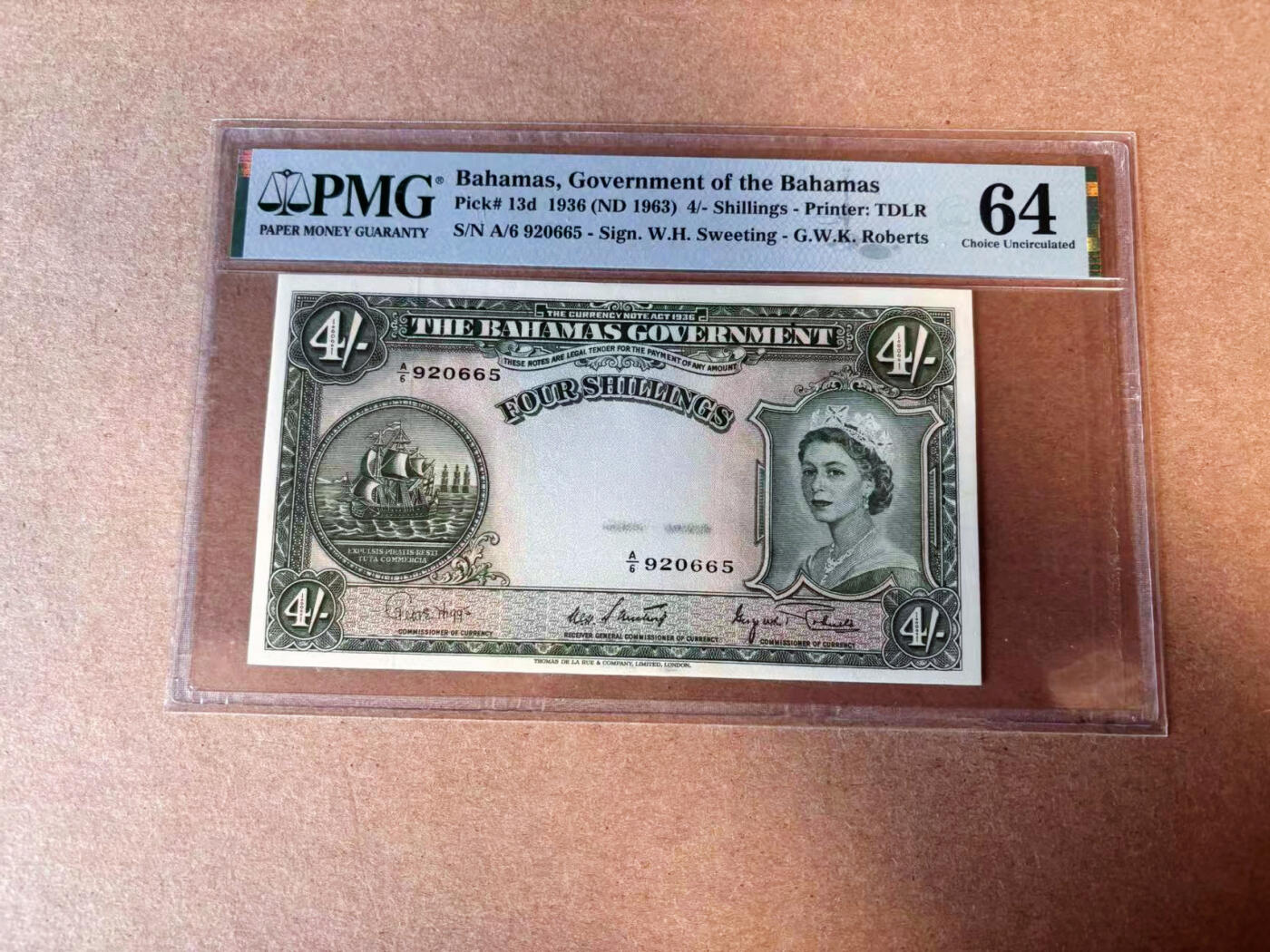 【Blue Auction】✨世界纸币精拍第582期【精】 【无47】巴哈马 1963年4先令 大冠女王 PMG64