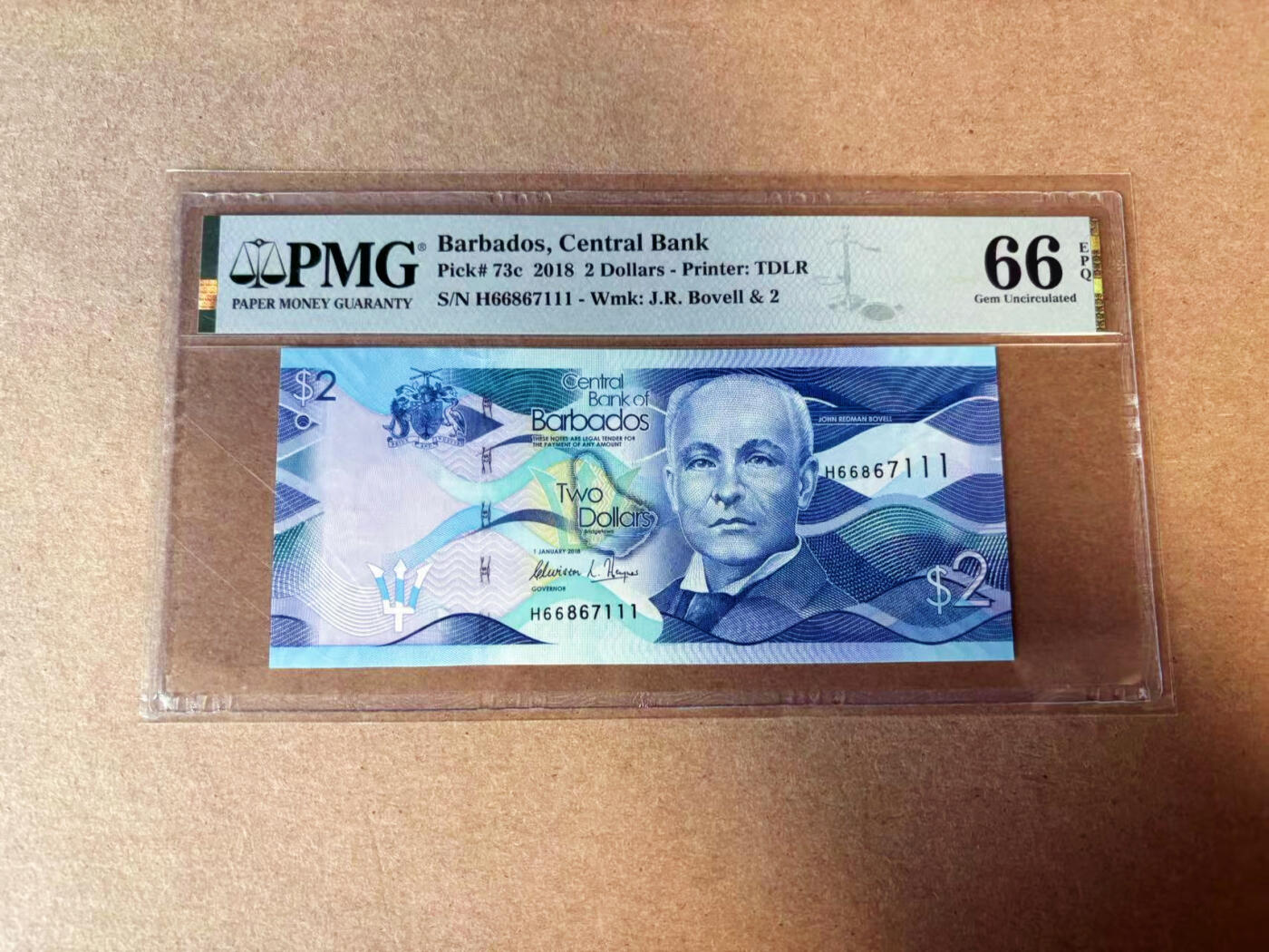 【Blue Auction】✨世界纸币精拍第582期【精】 【111豹子号】巴巴多斯 2018年2元 PMG66EPQ 