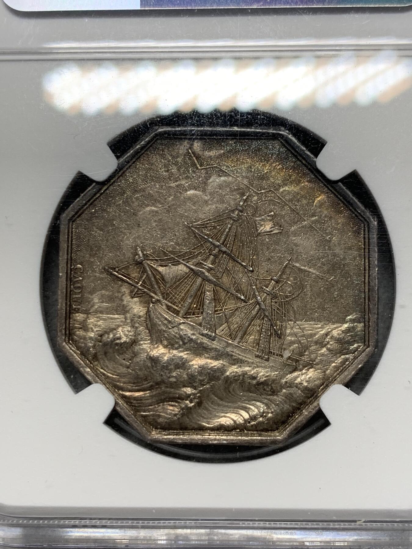 《竞宝斋》第330场 周日，周一，周二 3场连拍 （全场包邮） NGC-MS62 法国海上保险公司八角银质代币，早期神灯时期少见ms级别海妖