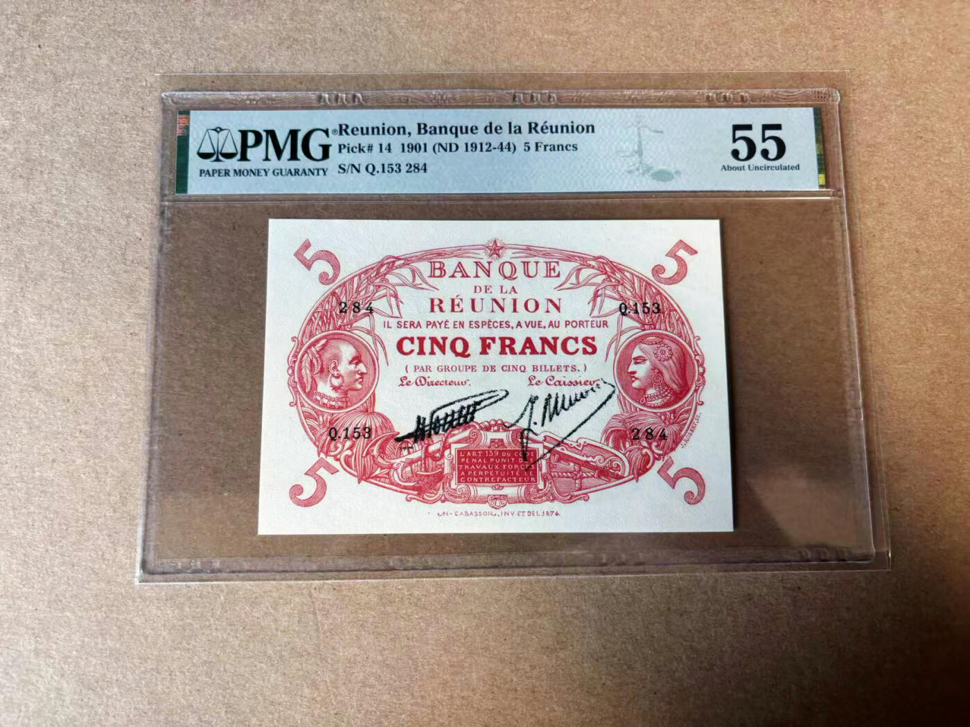 【Blue Auction】✨世界纸币精拍第582期【精】 留尼旺 1901年5法郎 PMG55