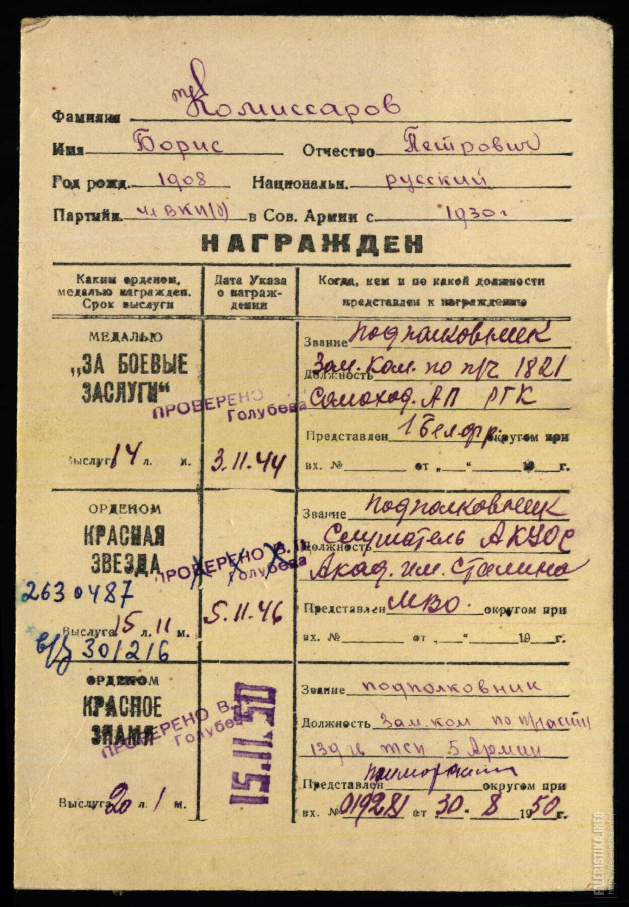 苏联勋章奖章拍卖12月6日晚上九点结束 找不到的加我qq或者微信都是184277308备注苏章拍卖。最好加微信群每次都会通知还有提前可以一口价的 最近会持续拍卖一些东西。			 苏联二战红星勋章 2630487 中校服役 右小角顶部 小掉皮 右脚上边缘中部 小瑕疵 正面不可见 Комиссаров Борис Петрович 自行火炮团  得主获得过3为国 二战期间 资料很多 感兴趣的可以自己去看看