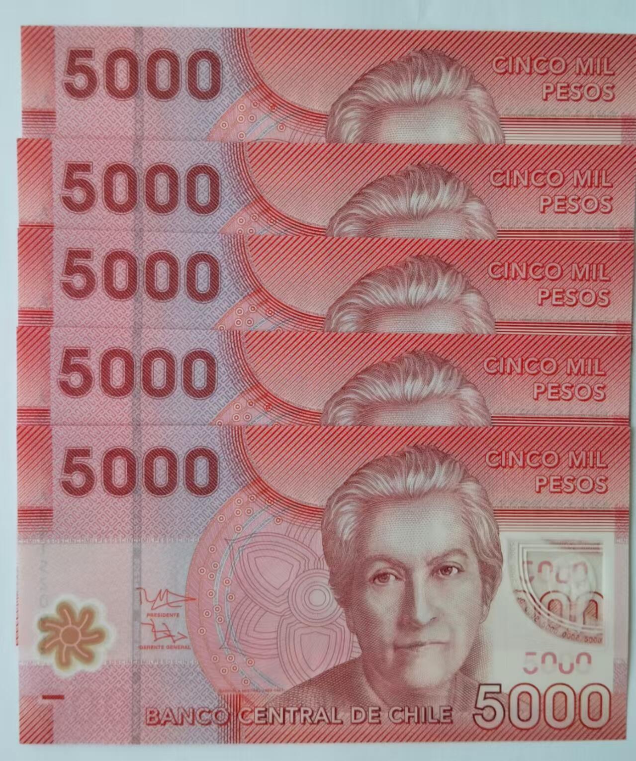 天和轩精品钱币第46场 全新UNC 智利5000塑料钞 （5张）