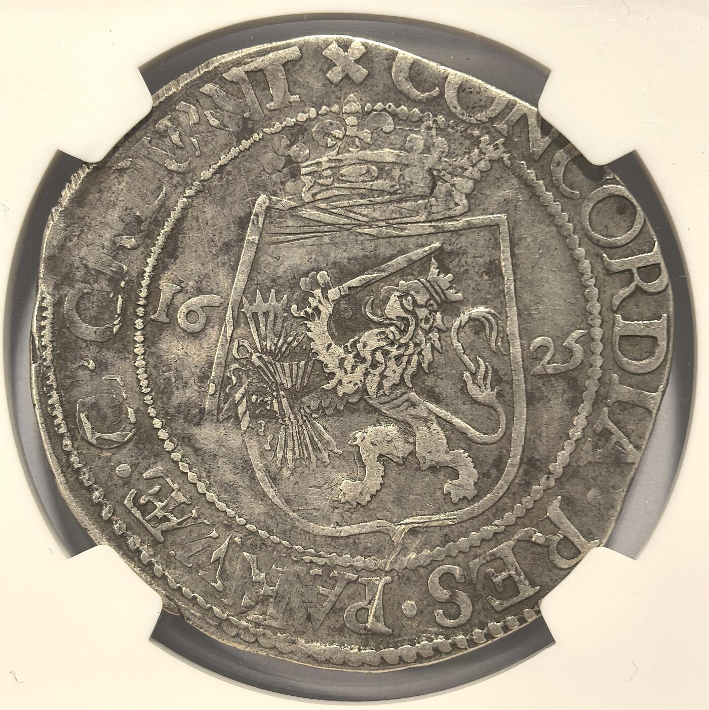 博洋堂“瑰宝之夜”第100期盛典专场（全场顺丰包邮） NGC VF35 荷兰海尔德兰省1625年1RD大银币，NGC亚军，仅2枚入盒，400年前钱币实属不易