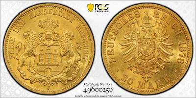 万国钱币拍卖第037期 - PCGS MS64 1878年德国汉堡短翅流通20马克金币  顶级状态的汉堡金双狮，完美转光，高难年份，PC亚军分，更高分仅2枚，一步到位的收藏品质。7.96g 900金