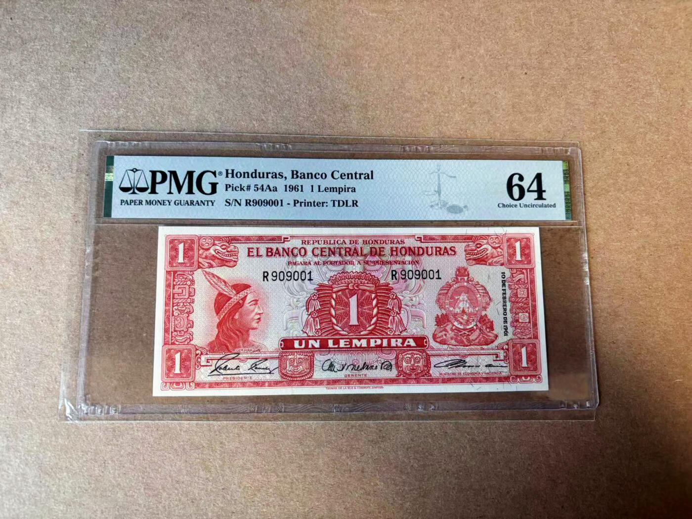【Blue Auction】✨世界纸币精拍第583期【精】 【倒置号】洪都拉斯 1961年1伦皮拉 PMG64 设计精美