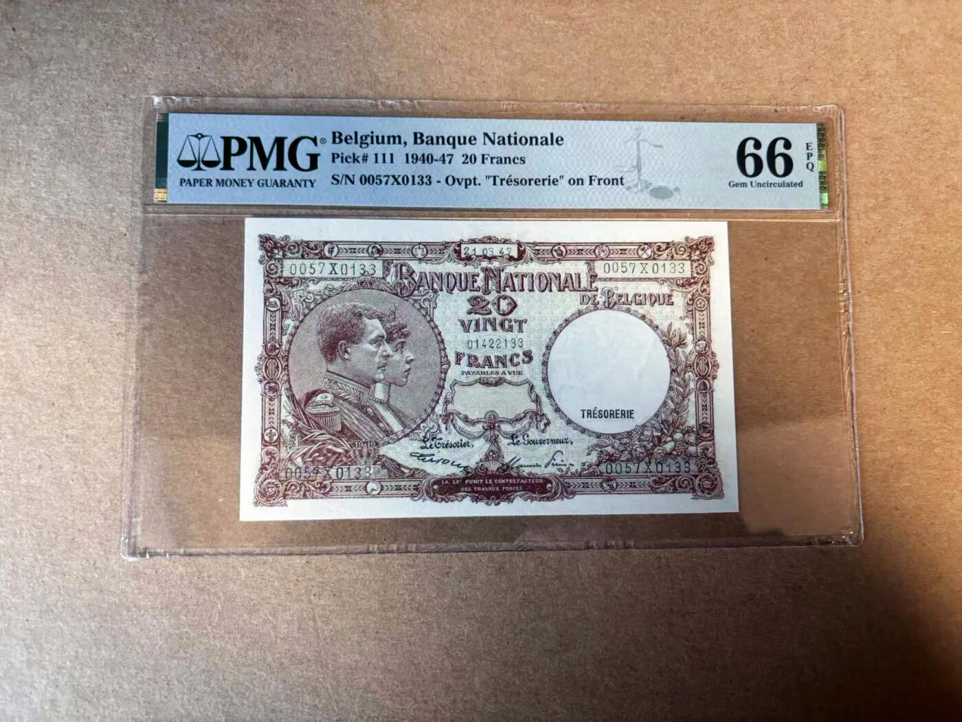 【Blue Auction】✨世界纸币精拍第583期【精】 比利时 1940-47年20法郎 PMG66EPQ  