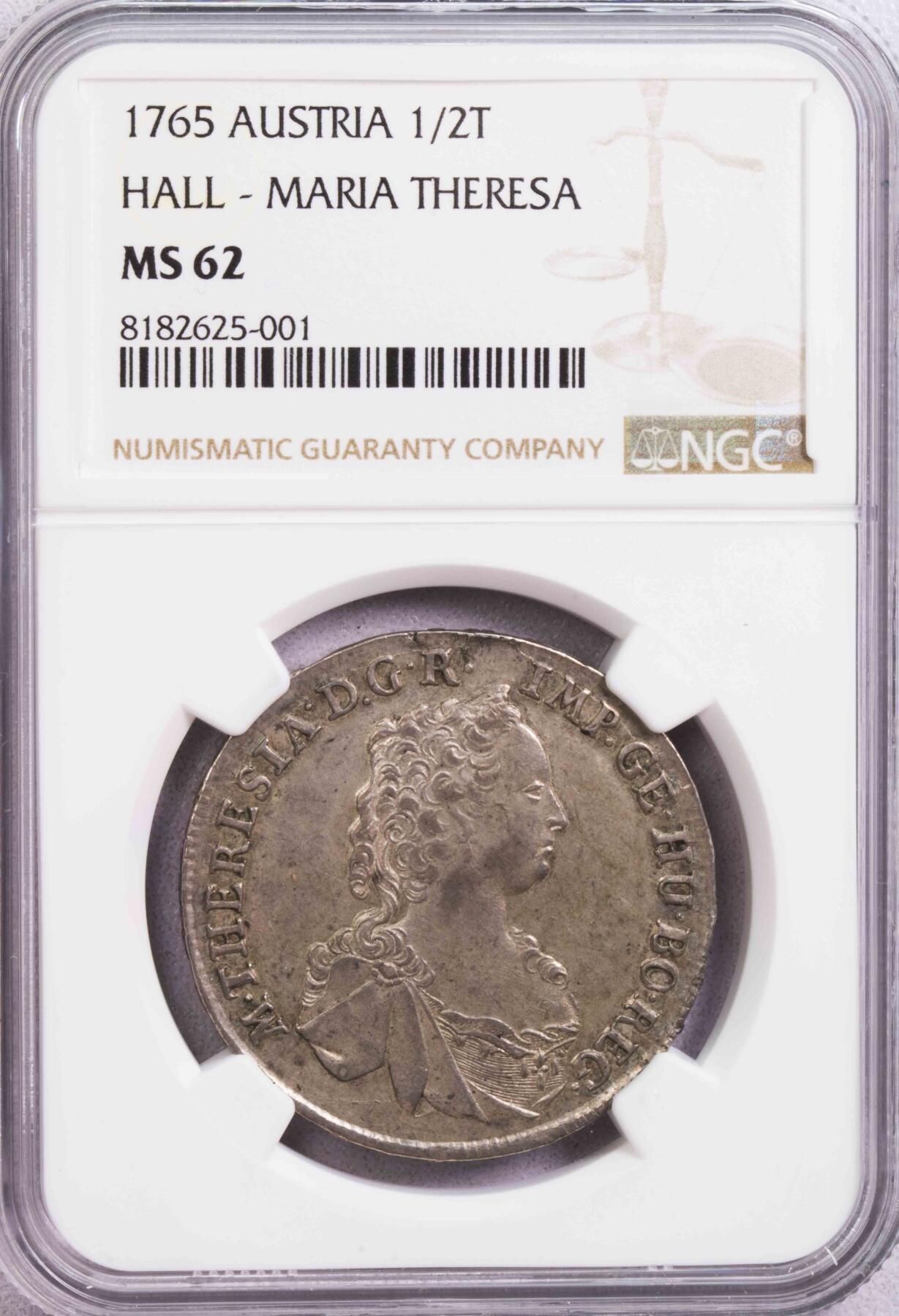 NGC-MS62 1765奥地利特雷西女王年轻半泰勒银币 亚军底光 纸袋包浆