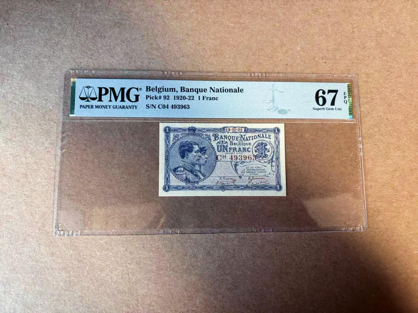【Blue Auction】✨世界纸币精拍第583期【精】 比利时 早期 1920-22年1法郎 PMG67EPQ 高分 