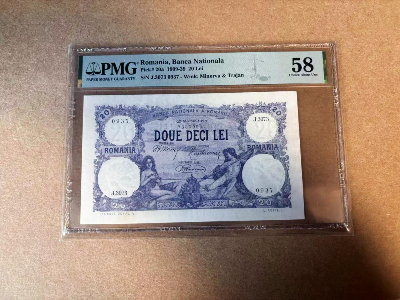 【Blue Auction】✨世界纸币精拍第583期【精】 罗马尼亚 早期 1909-29年20雷 PMG58 少见品种 