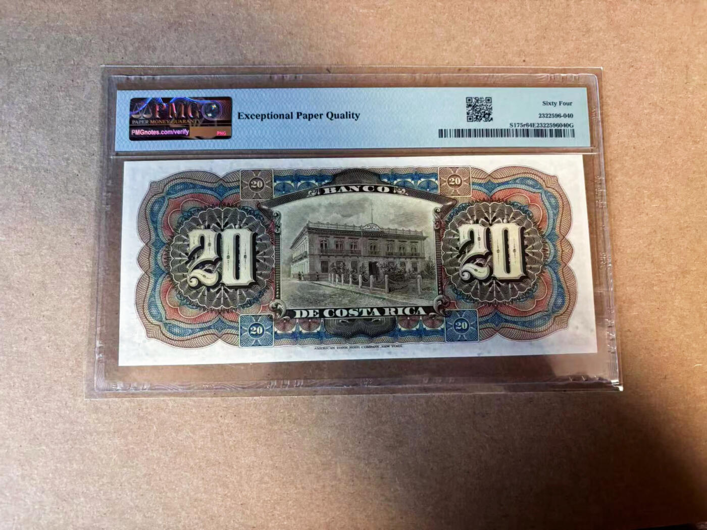 【Blue Auction】✨世界纸币精拍第583期【精】 哥斯达黎加 1901-14年20克朗 ABNC出品 大票幅 雕刻精美 PMG64EPQ 