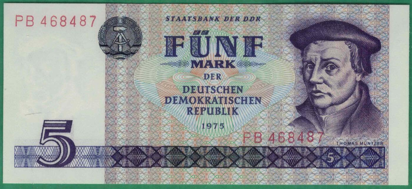 德国(东德 民主德国)1975年5马克 P-27a 初版宽序列号 实物图 UNC