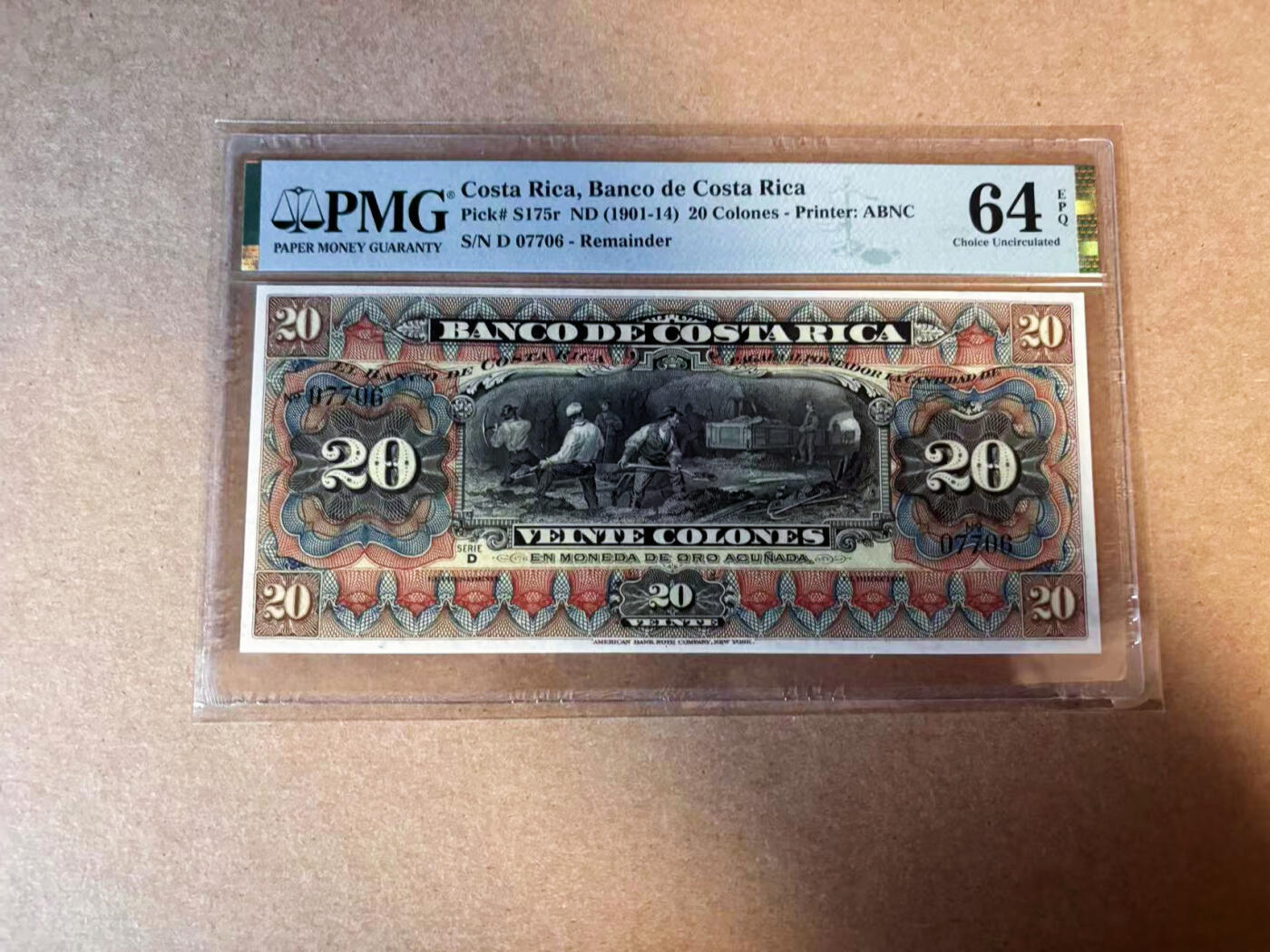 【Blue Auction】✨世界纸币精拍第583期【精】 哥斯达黎加 1901-14年20克朗 ABNC出品 大票幅 雕刻精美 PMG64EPQ 