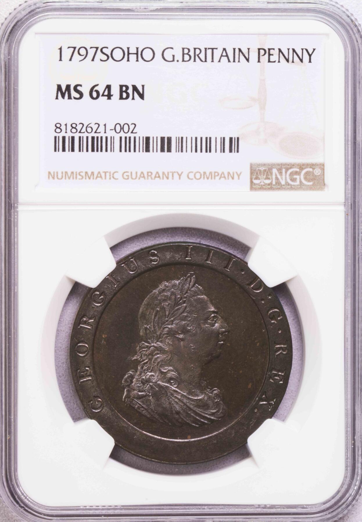 NGC-MS64BN 1797英国乔三车轮1便士铜币