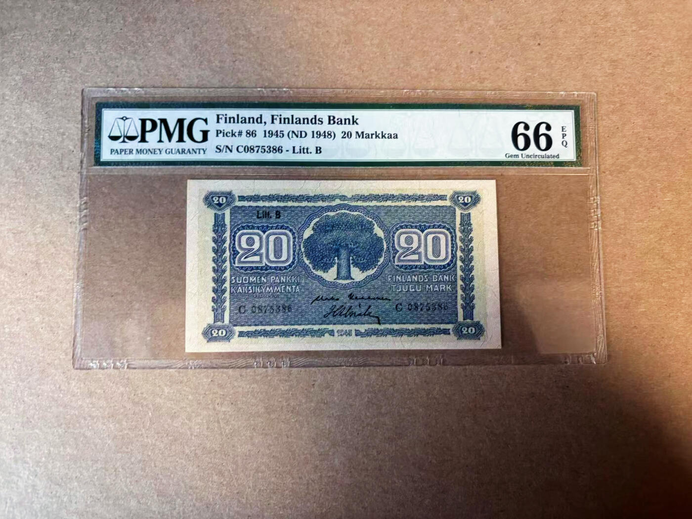 【Blue Auction】✨世界纸币精拍第583期【精】 芬兰 1945年20马克 PMG66EPQ 