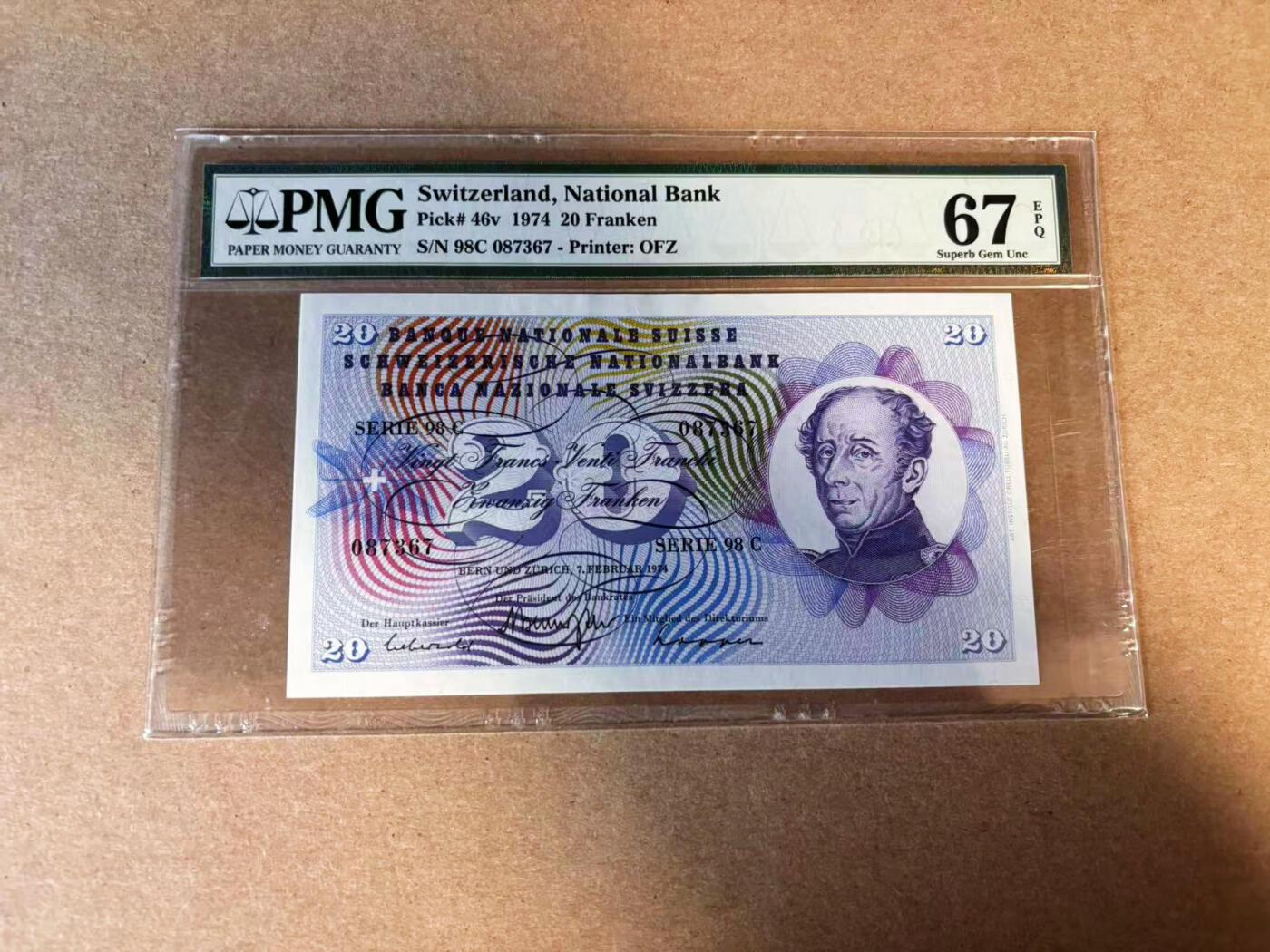 【Blue Auction】✨世界纸币精拍第583期【精】 瑞士 1974年20法郎 PMG67EPQ 高分 