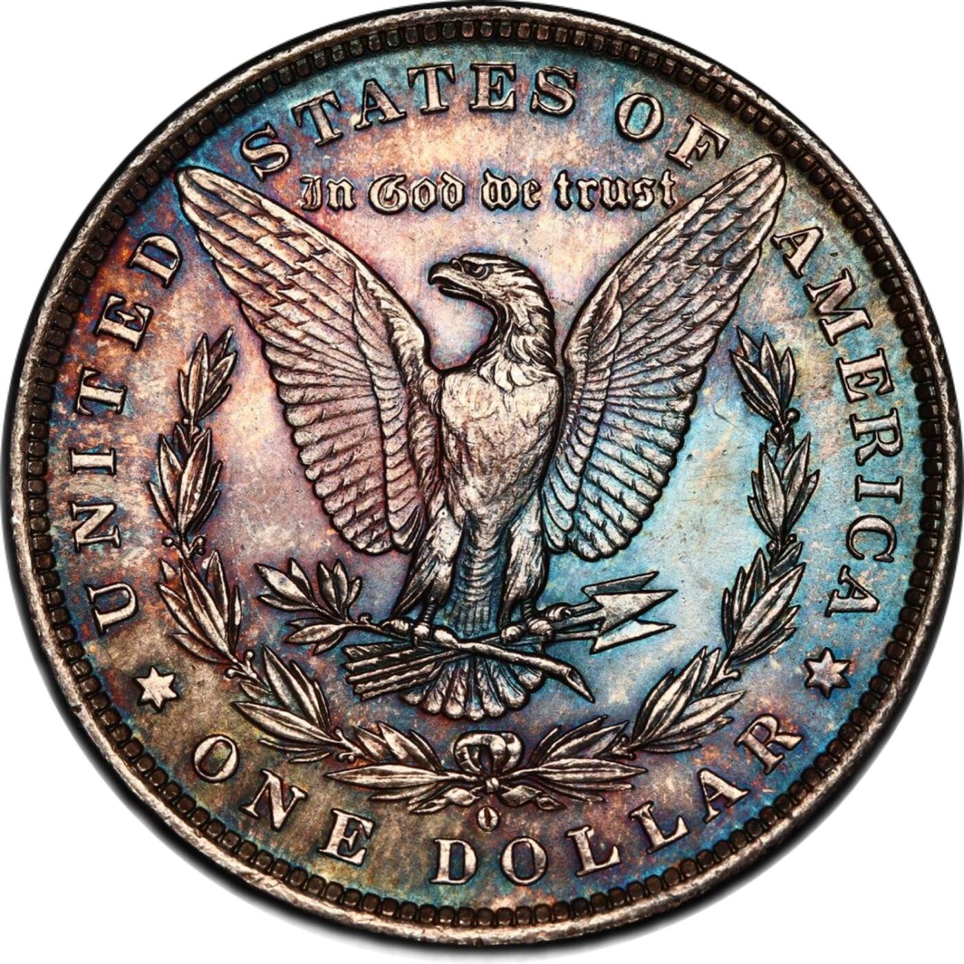 PCGS评级MS64美国摩根银元1884年O版稀少的双面蓝彩非常棒的状态