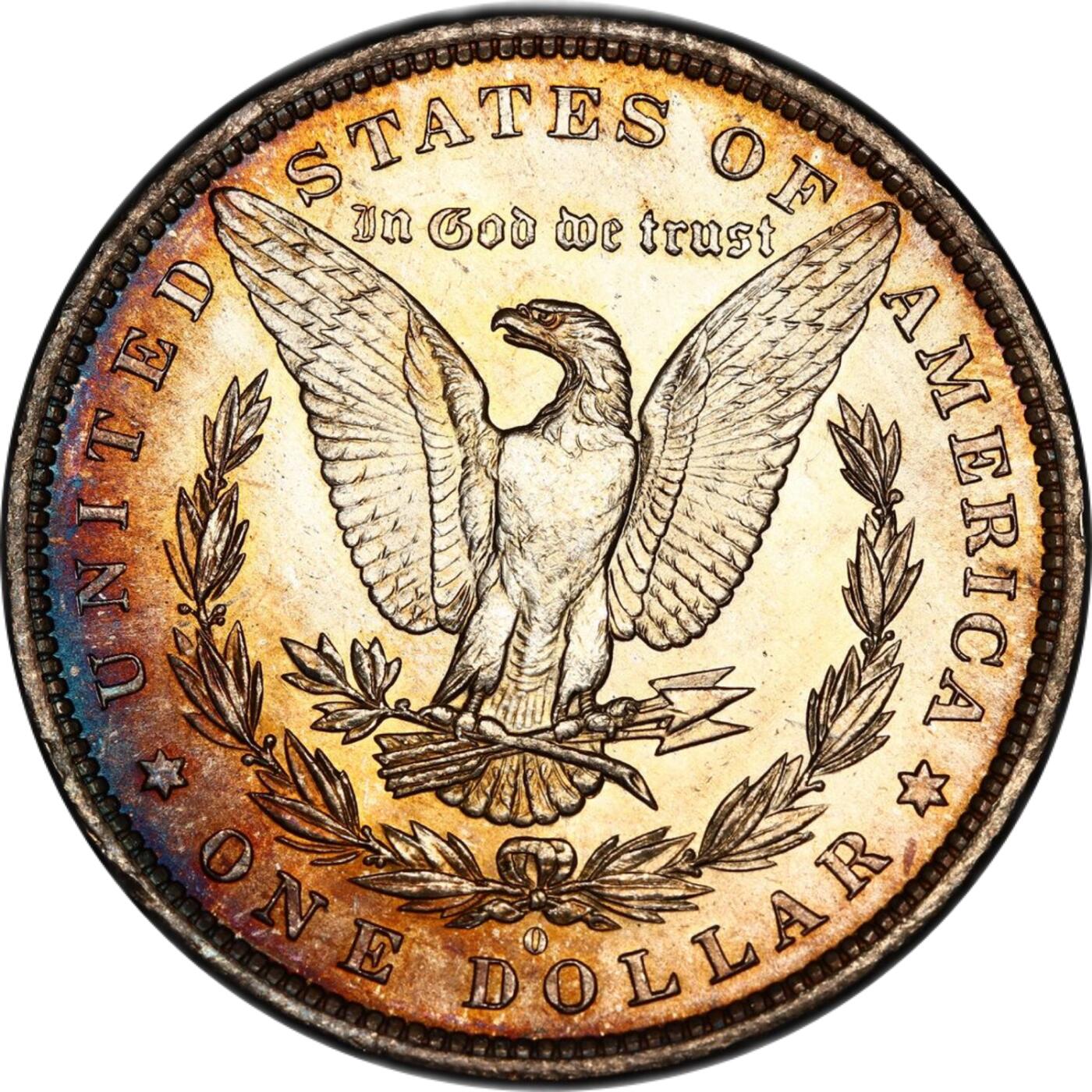 PCGS评级MS64美国摩根银元1883年O版稀少蓝彩背金彩非常棒的状态
