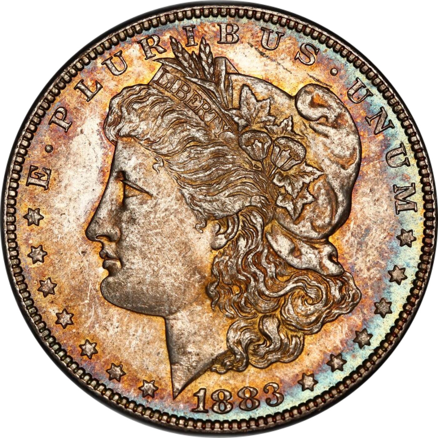 PCGS评级MS62美国摩根银元1883年稀少蓝环彩双彩非常棒的状态 严重胡评 看不懂为啥62 重评必加分