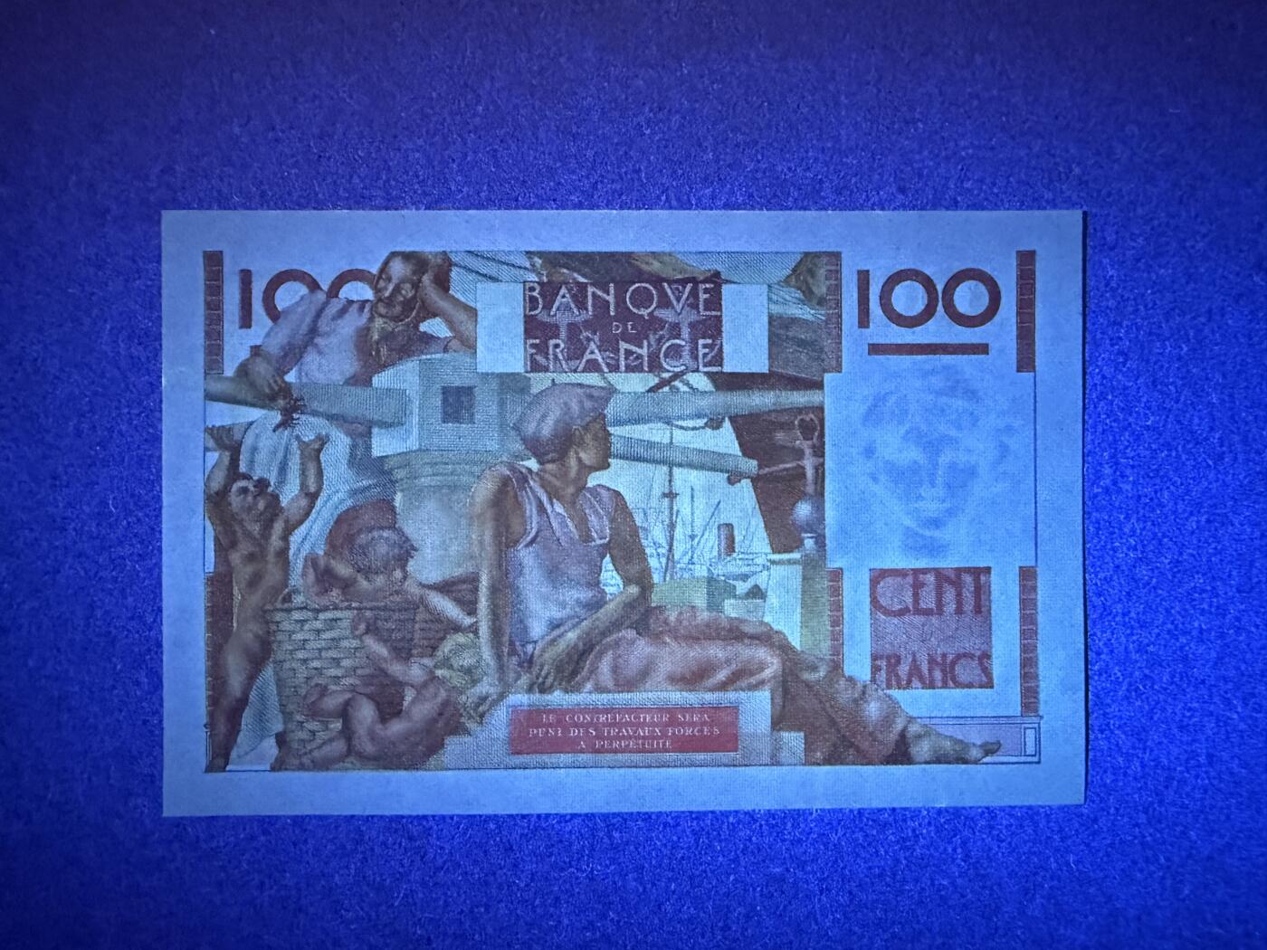 《张总收藏》176期-外币精品汇 法国100法郎 UNC 1949年版 无4 边缘轻微荧光