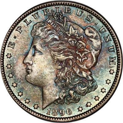 PCGS评级MS64美国摩根银元1896年稀少原味蓝彩双面蓝彩非常棒的状态 - PCGS评级MS64美国摩根银元1896年稀少原味蓝彩双面蓝彩非常棒的状态