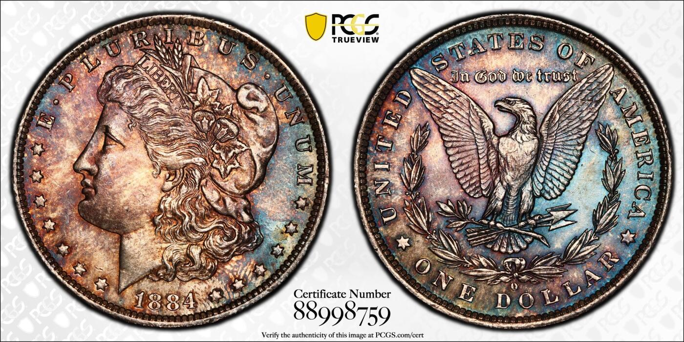 PCGS评级MS64美国摩根银元1884年O版稀少的双面蓝彩非常棒的状态