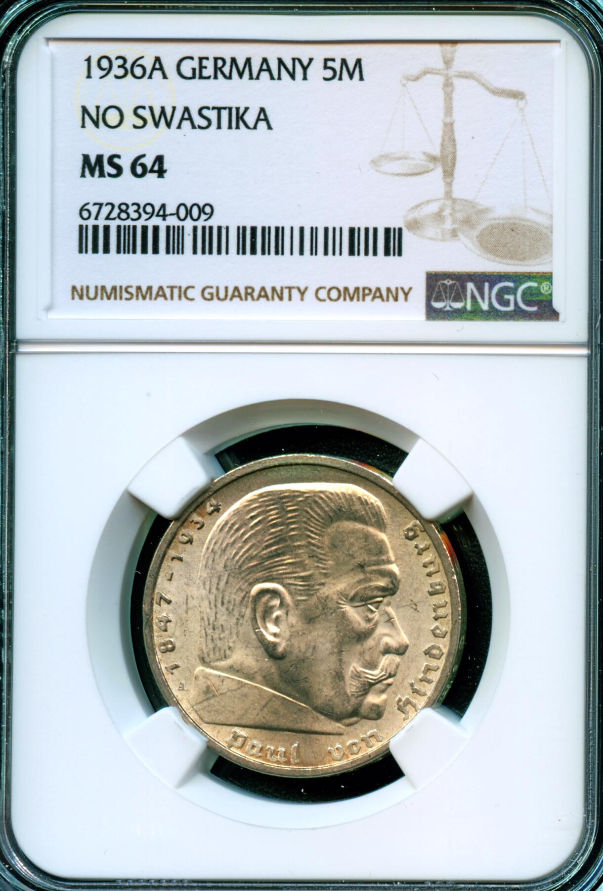 NGC评级MS64 1936年A德国兴登堡5马克银币难得一见的好品 粉光卷币 