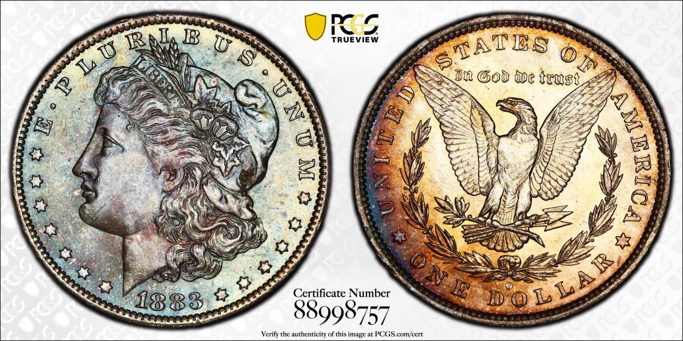 PCGS评级MS64美国摩根银元1883年O版稀少蓝彩背金彩非常棒的状态
