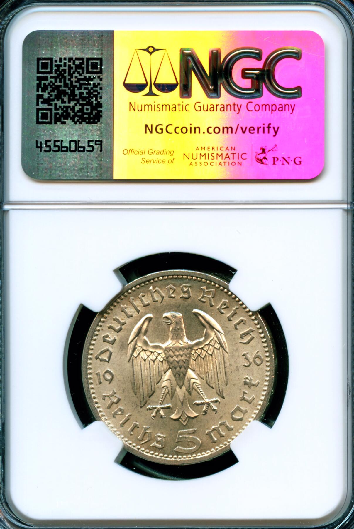 NGC评级MS64 1936年A德国兴登堡5马克银币难得一见的好品 粉光卷币 