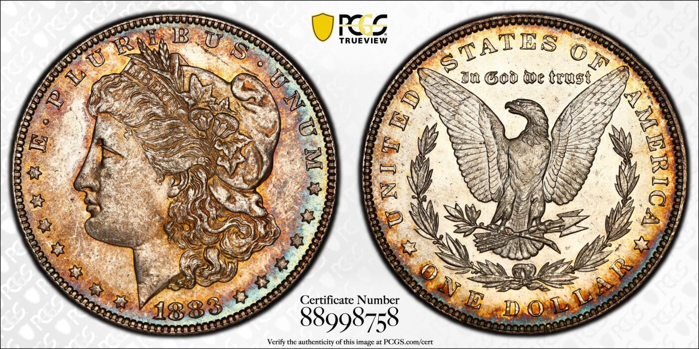 PCGS评级MS62美国摩根银元1883年稀少蓝环彩双彩非常棒的状态 严重胡评 看不懂为啥62 重评必加分