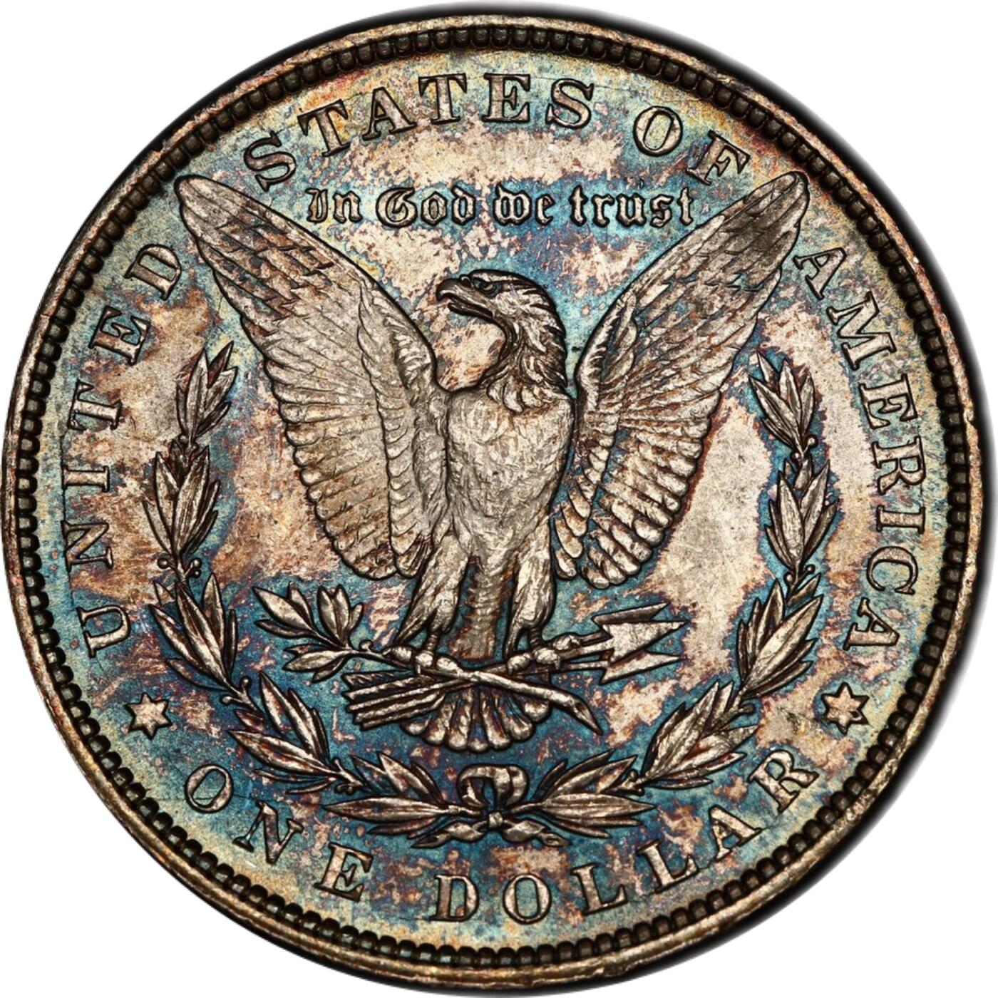 PCGS评级MS64美国摩根银元1896年稀少原味蓝彩双面蓝彩非常棒的状态