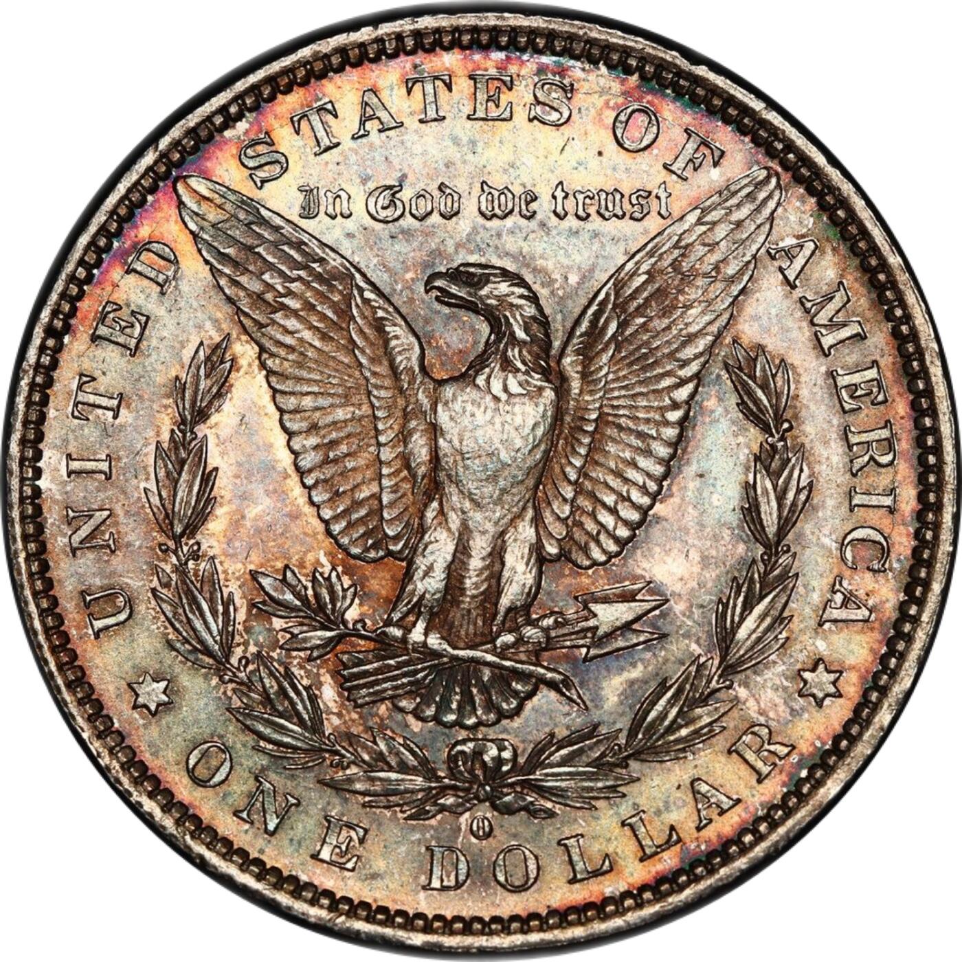 PCGS评级MS63美国摩根银元1884年O版难得一见的彩虹彩双面彩虹非常棒的状态