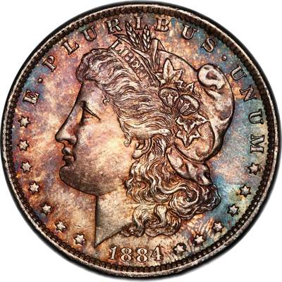 PCGS评级MS64美国摩根银元1884年O版稀少的双面蓝彩非常棒的状态 - PCGS评级MS64美国摩根银元1884年O版稀少的双面蓝彩非常棒的状态