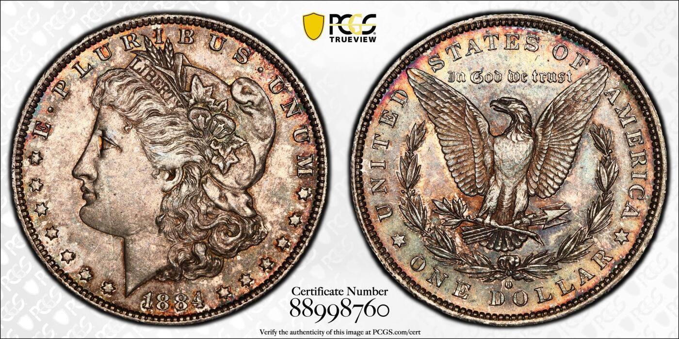 PCGS评级MS63美国摩根银元1884年O版难得一见的彩虹彩双面彩虹非常棒的状态