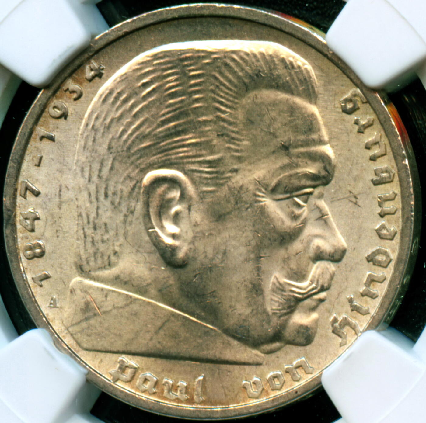 NGC评级MS64 1936年A德国兴登堡5马克银币难得一见的好品 粉光卷币 