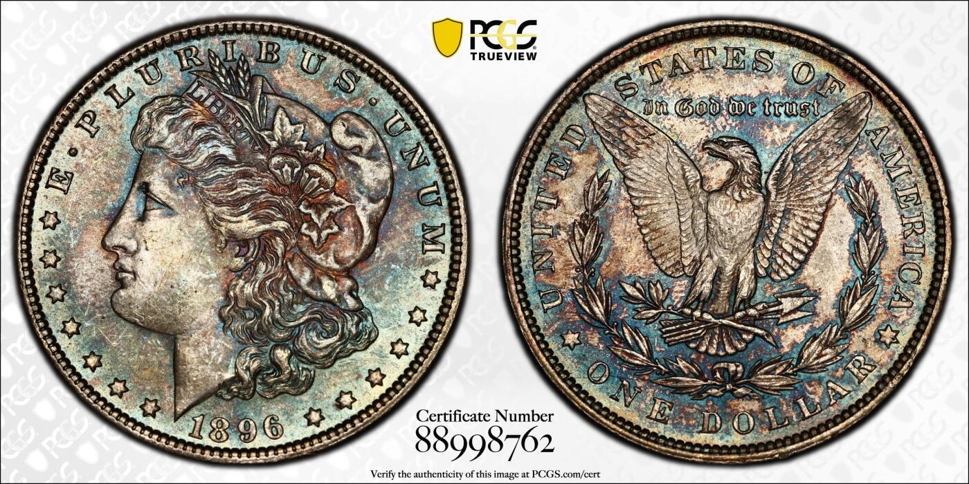 PCGS评级MS64美国摩根银元1896年稀少原味蓝彩双面蓝彩非常棒的状态