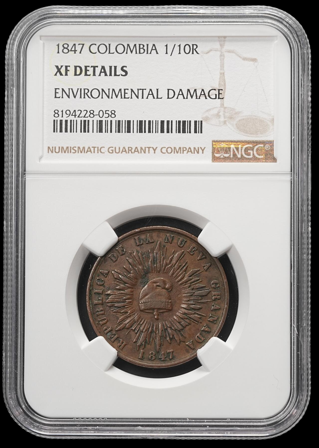修遠堂世界钱币第四十八期 全场包邮 NGC XFD 1847年哥伦比亚1/10 Real铜币 原汁原味巧克力色