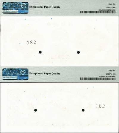 宜和2024年秋季拍卖会-纸币专场 1945年中央银行金圆券美钞版孙像伍拾圆单面样本券，正背共2枚，孔祥熙·李骏耀签名，国内银行之存档样本，均为PMG 66 EPQ，正面亚军分，背面为唯一冠军分；资深藏家出品，配套集藏，