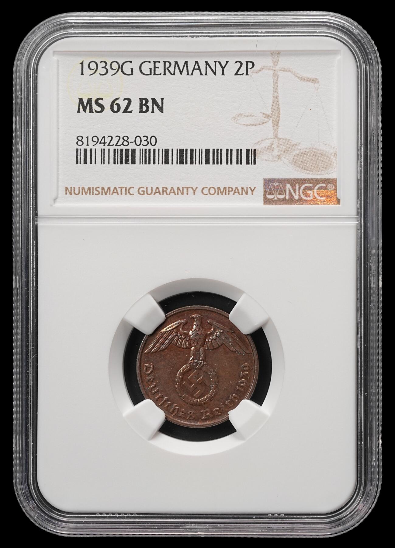 修遠堂世界钱币第四十八期 全场包邮 NGC MS62BN 1939年德三2芬尼铜币 G厂铭