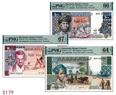 宜和2024年秋季拍卖会-纸币专场 毛里塔尼亚同号钞三枚，号码均为A30 003888：①1975年100乌吉亚，PMG 66 EPQ；②1977年200乌吉亚，PMG 67 EPQ；③1000乌吉亚，PMG 64 EPQ。