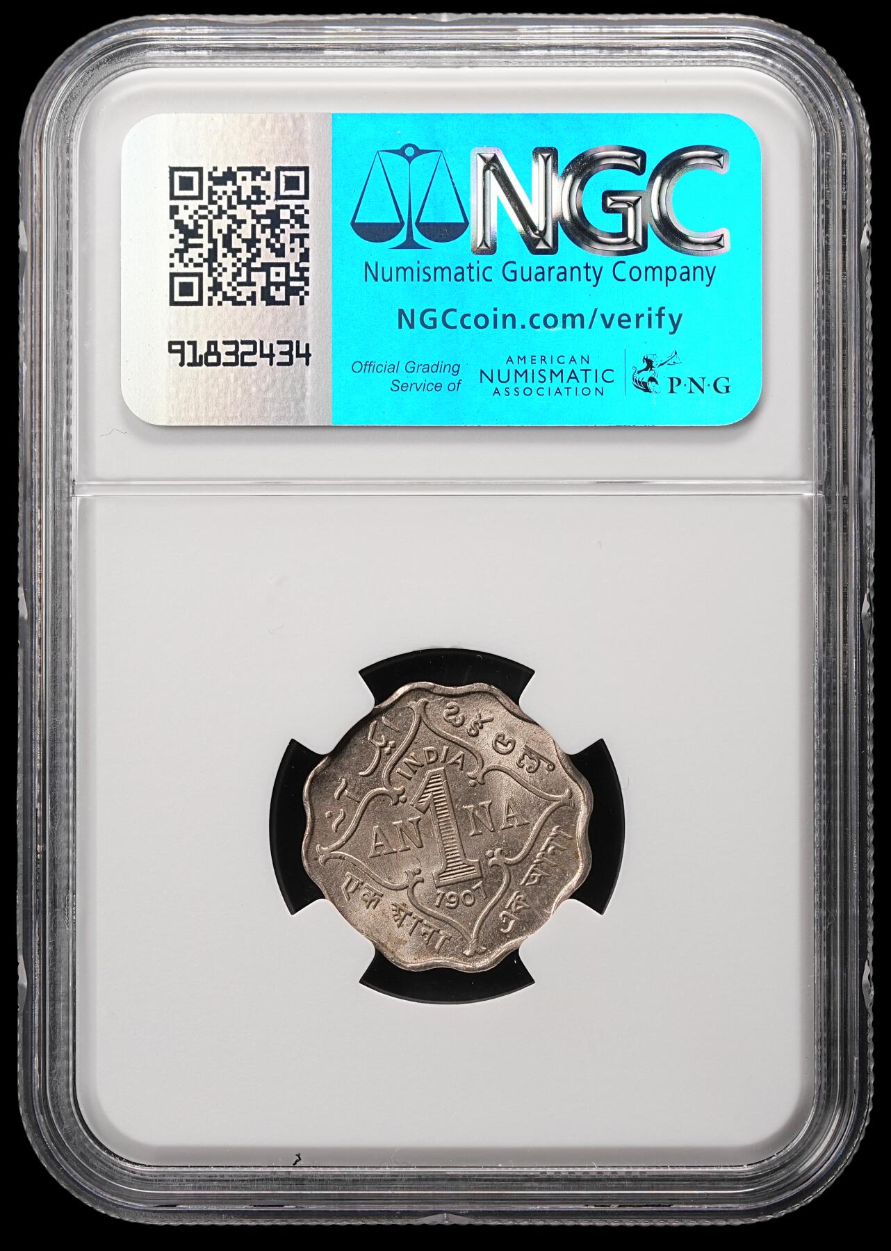 修遠堂世界钱币第四十八期 全场包邮 NGC MS63 1907年英属印度1 ANNA 少见年份