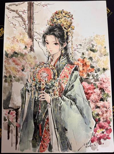 白泽拍卖卡牌手绘专场第9期（檐飞数片雪，瓶插一枝梅） - 2024 迟迟手绘画 嫁衣三娘 尺寸：26cm*37cm