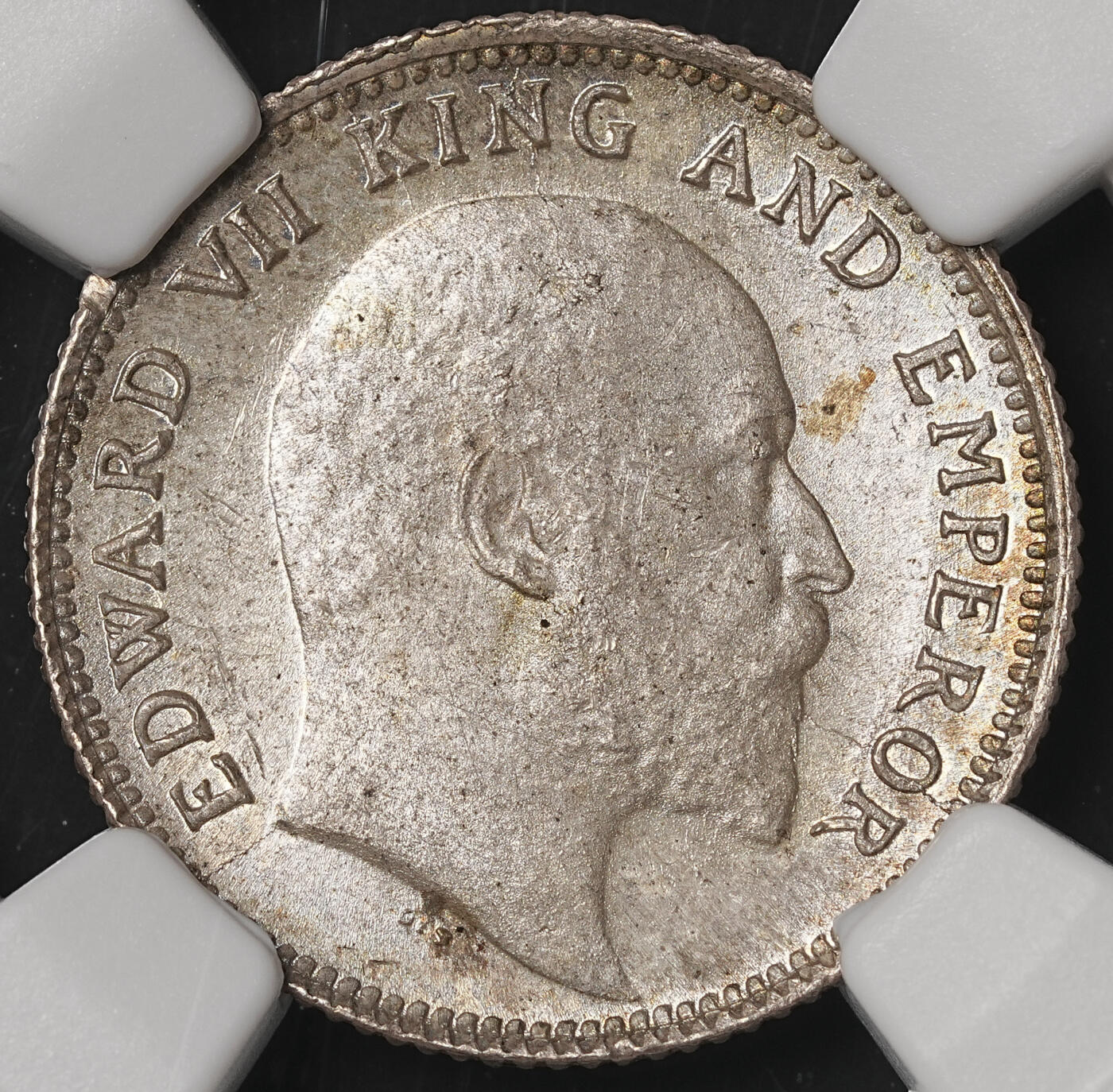 修遠堂世界钱币第四十八期 全场包邮 NGC MS65 1908年英属印度1/4卢比银币 纸袋包浆