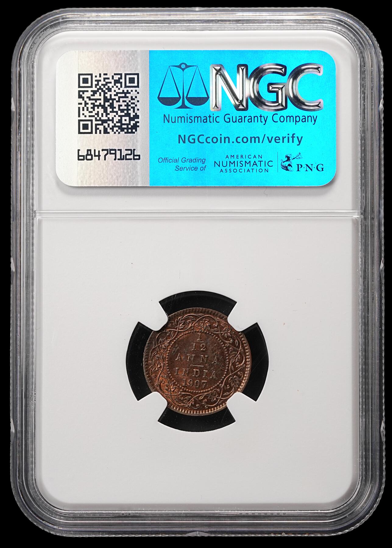 修遠堂世界钱币第四十八期 全场包邮 NGC MS63RB 1907年英属印度1/12 ANNA铜币